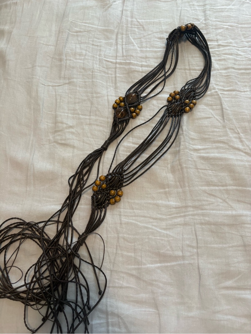Vintage Brown Macrame Beaded Leather Cord Crochet Belt